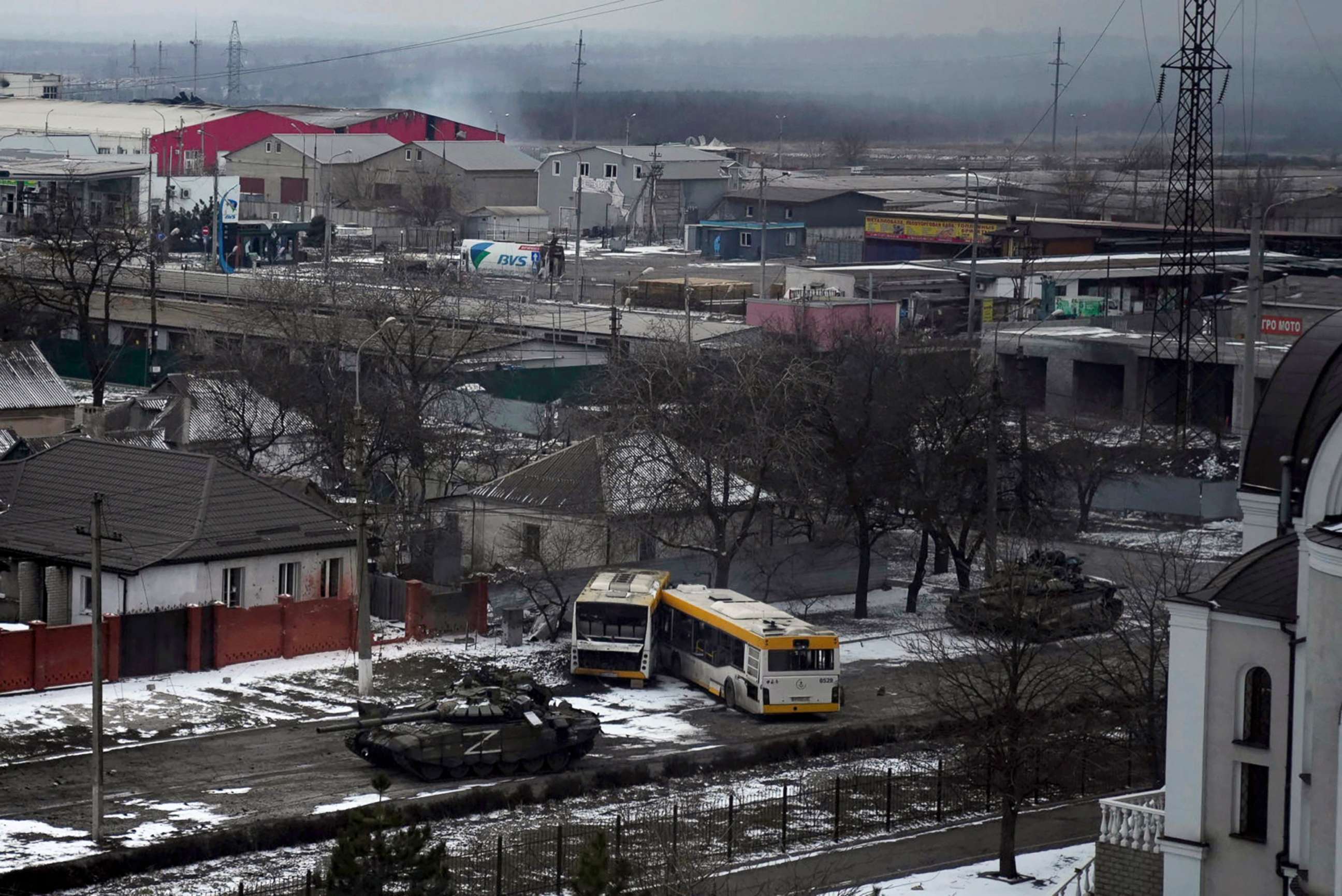 PHOTO: Russian tanks move on the outskirts of Mariupol, Ukraine, March 11, 2022.