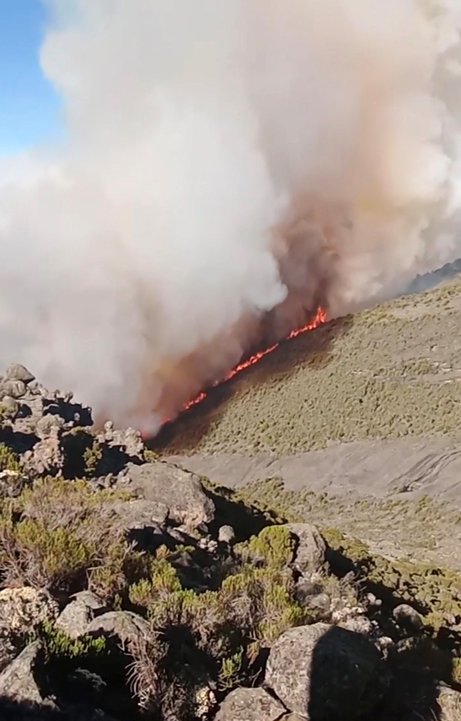 PHOTO: Wildfires burn on Tanzania's Mount Kilimanjaro, Oct. 29, 2022 in this still image taken from social media video.
