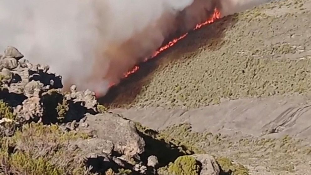 PHOTO: Wildfires burn on Tanzania's Mount Kilimanjaro, Oct. 29, 2022 in this still image taken from social media video.