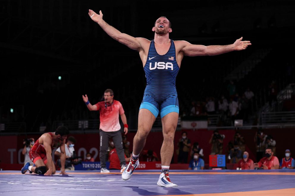 PHOTO: David Morris Taylor III of Team United States celebrates his victory over Hassan Yazdanicharati of Iran during the men's freestyle 86kg final on Aug. 5, 2021 in Chiba, Japan.