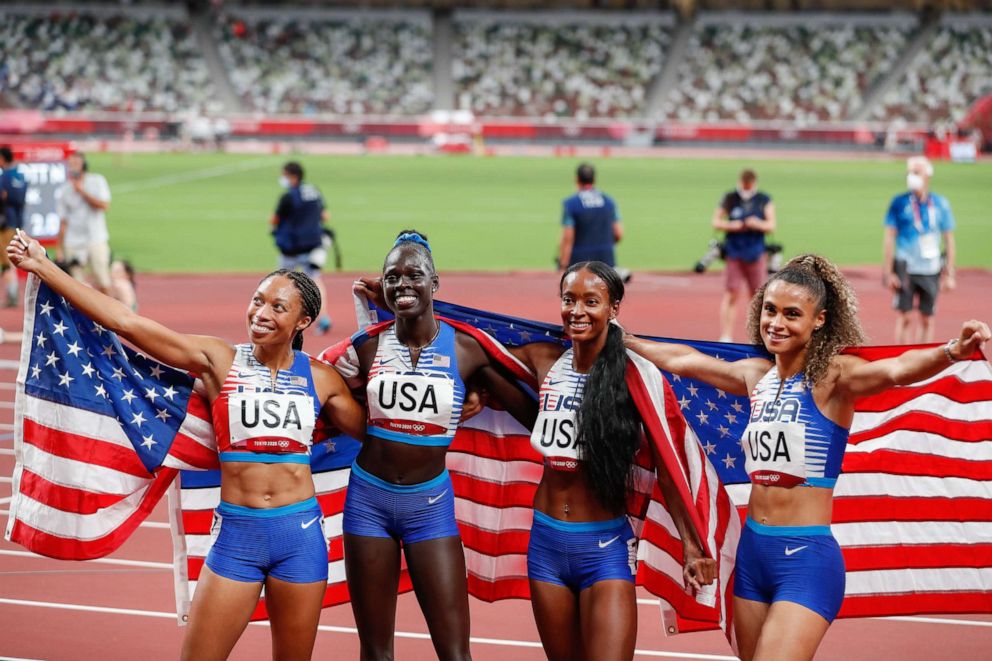 PHOTO: Team USA celebrates their gold medal win in the Women's 4x400m final at Olympic Stadium during the 2020 Summer Olympics in Tokyo, Japan on Aug. 7, 2021.