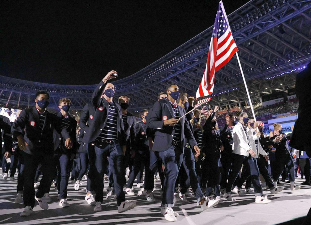 PHOTO: The U.S. delegation marches during the opening ceremony of the Tokyo Olympics at the National Stadium on July 23, 2021, in Tokyo.