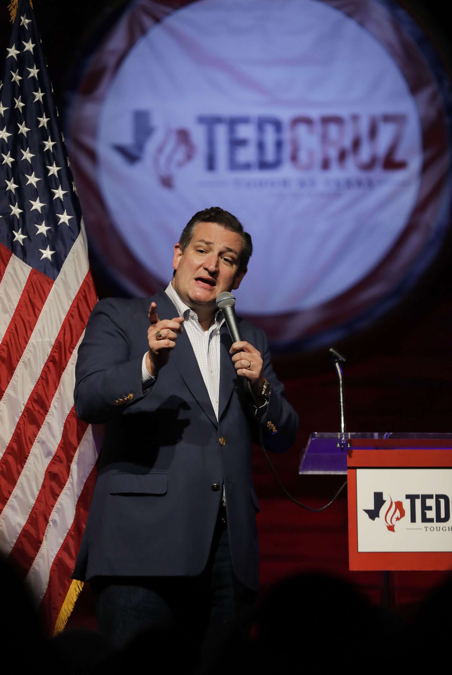 PHOTO: Sen. Ted Cruz speaks during a rally to launch his re-election campaign at the Redneck Country Club on April 2, 2018 in Stafford, Texas.