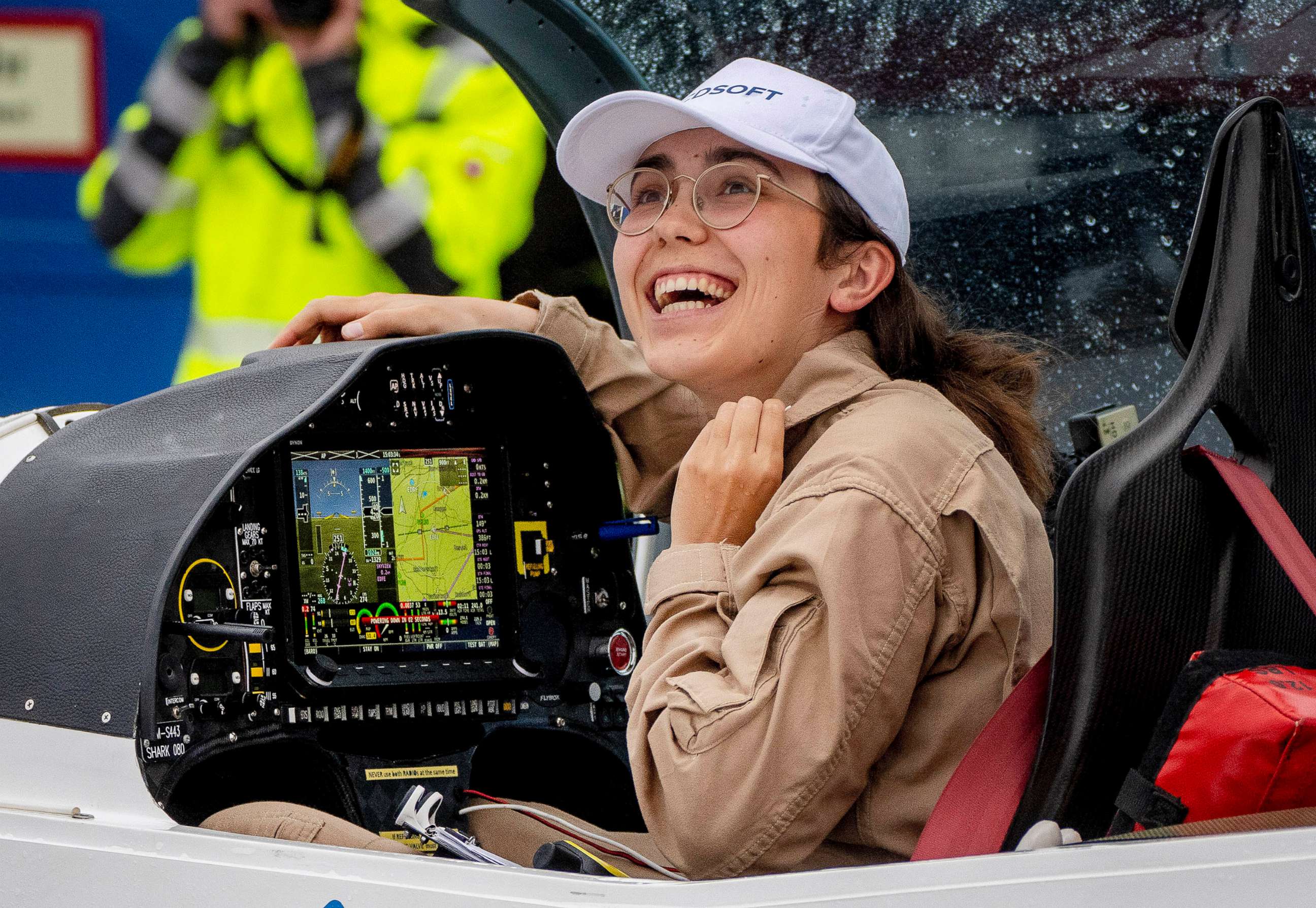 PHOTO: Pilot Zara Rutherford smiles after she landed with her Shark ultralight plane at the Egelsbach airport in Frankfurt, Germany, Jan.19, 2022. 