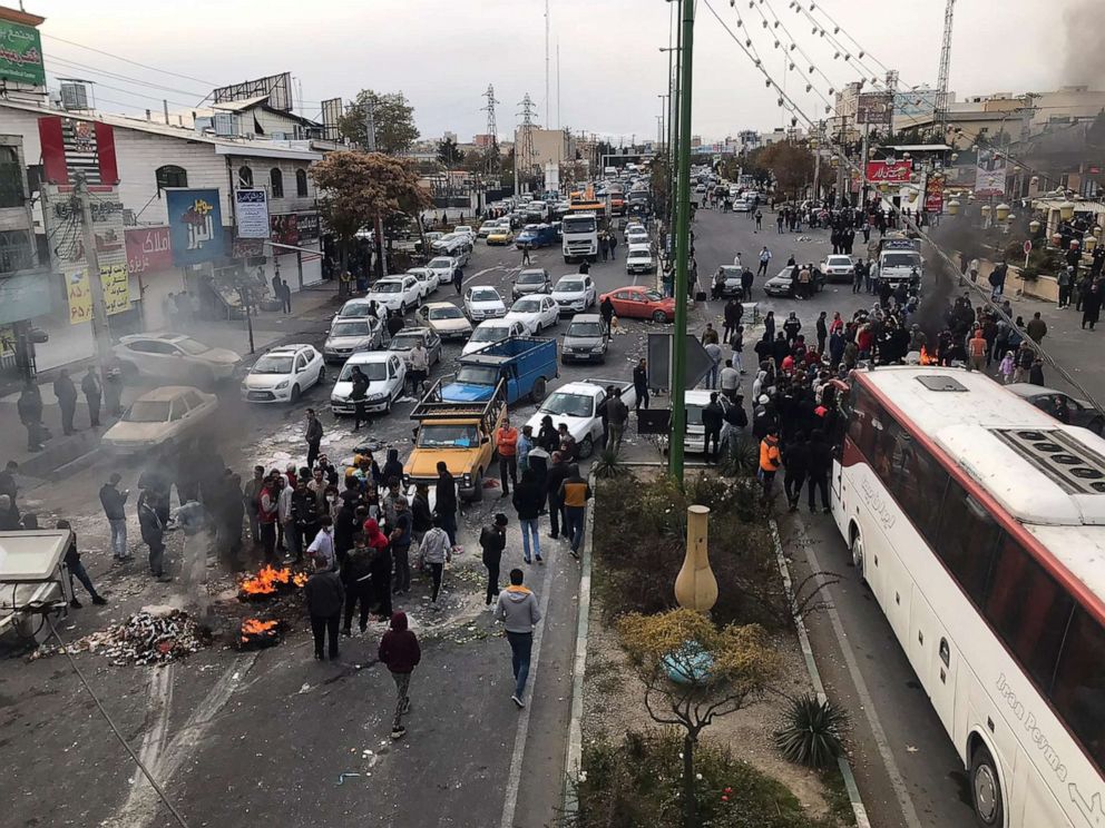 PHOTO: Protesters set fires as they block the roads during a protest against gasoline price hike at Damavand of Tehran, Iran on Nov. 16, 2019.