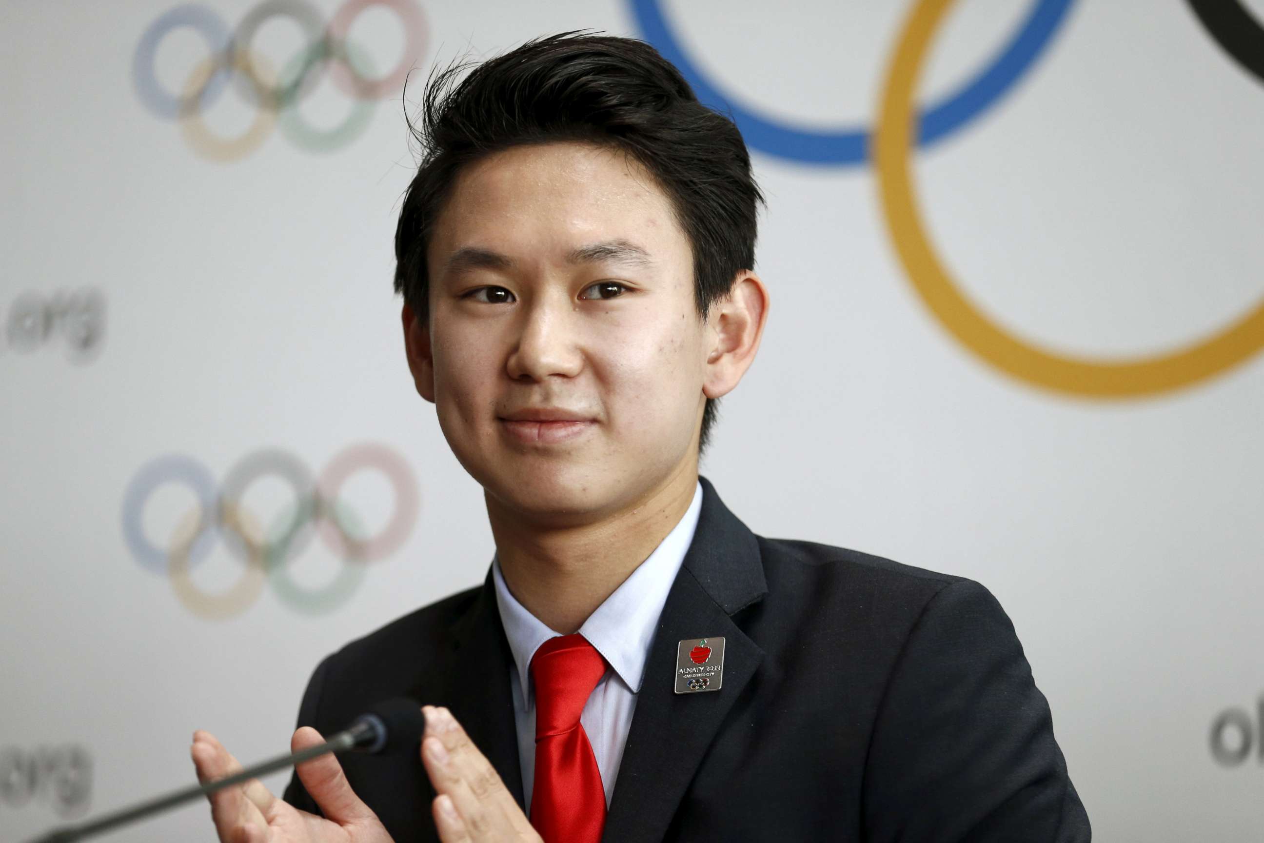 PHOTO: Denis Ten of Kazakhstan, bronze medalist in men's singles figure skating of the 2014 Winter Olympics in Sochi, attends a news conference in Lausanne, Switzerland, June 9, 2015. 