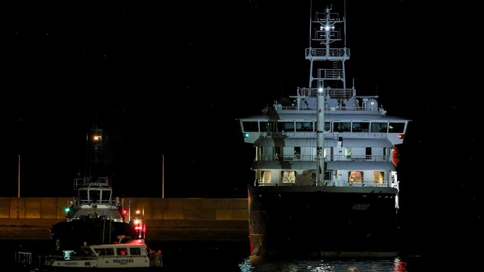 PHOTO: The cruise ship MV Hondius arrives at the port of Granadilla de Abona after being affected by a hantavirus outbreak, in Tenerife, Spain, May 10, 2026.