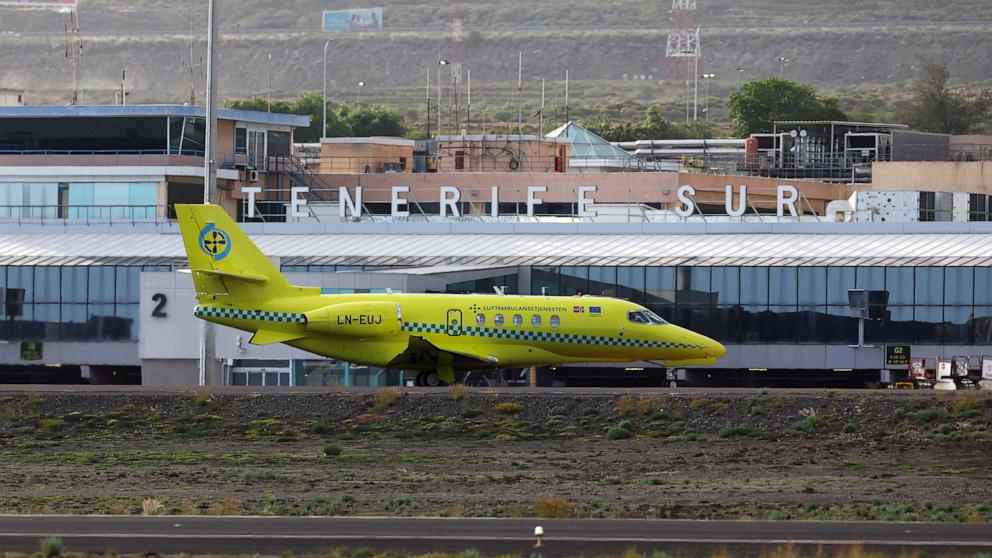 PHOTO: An air ambulance arrives at Tenerife Sud airport, Canary Islands, Spain, where the cruise ship MV Hondius hit by a deadly hantavirus outbreak is expected to arrive, May 9, 2026. 