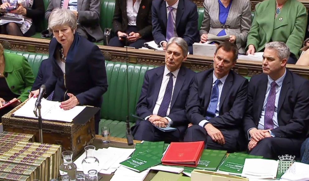 PHOTO: A video grab from footage broadcast by the UK Parliament's Parliamentary Recording Unit shows Britain's Prime Minister Theresa May as she makes a statement to the House of Commons in London, Feb.26, 2019.