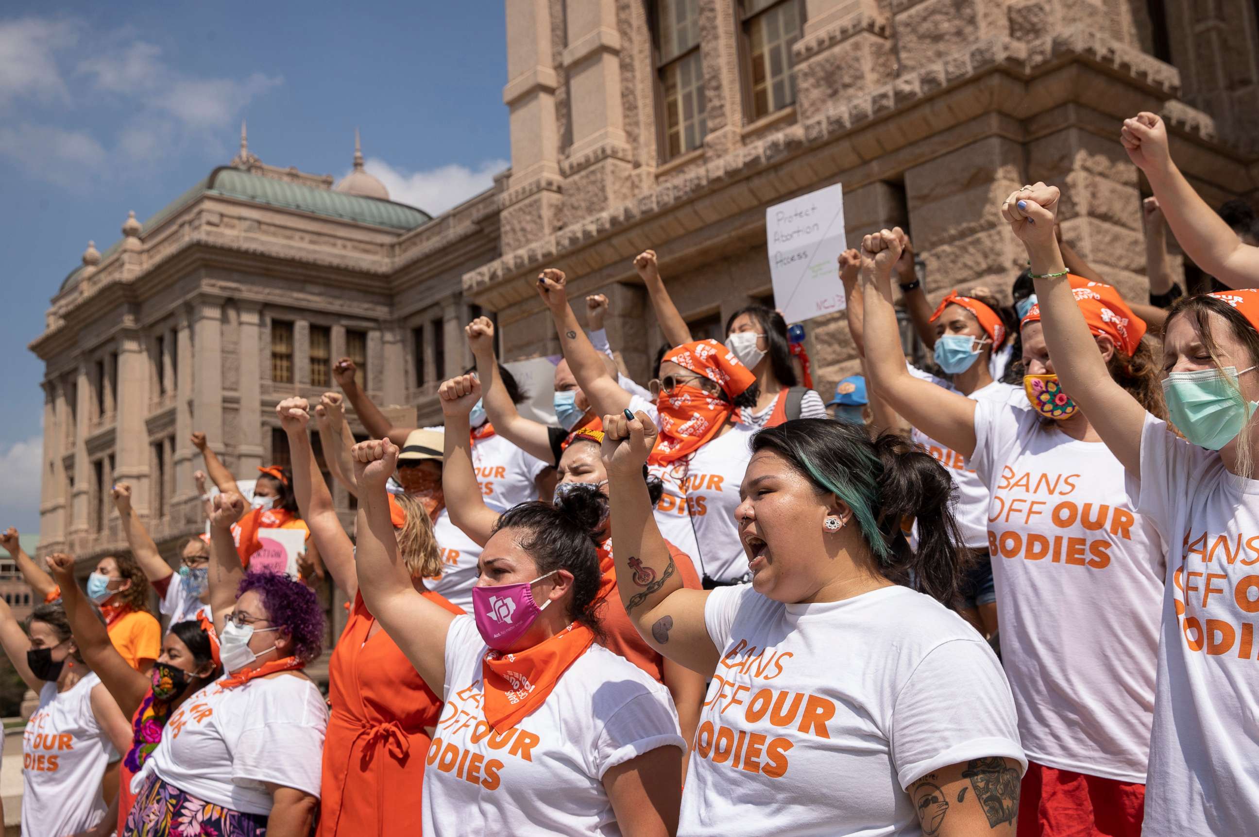PHOTO: Women protest against the six-week abortion ban at the Capitol on Sept. 1, 2021, in Austin, Texas.