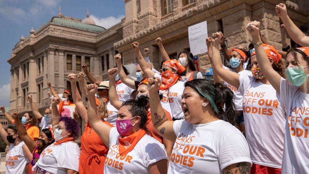 PHOTO: Women protest against the six-week abortion ban at the Capitol on Sept. 1, 2021, in Austin, Texas.