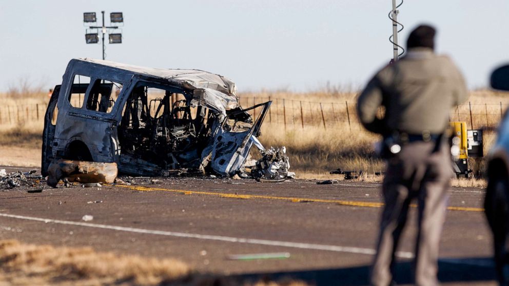 PHOTO: Texas Department of Public Safety Troopers look over the scene of a fatal wreck involving a van carrying members of the University of the Southwest men's and women's golf teams in Andrews County, Texas, March 16, 2022.