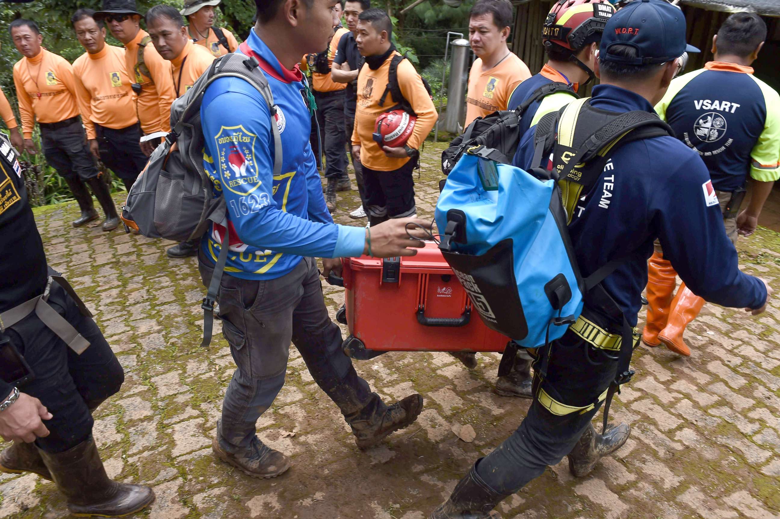 PHOTO: Local rescue team arrive in a staging area in the moutain of Khun Nam Nang Non Forest Park in Chiang Rai province searching for new openings to Tham Luang cave during rescue operation, June 28, 2018, in Chiang Rai, Thailand.