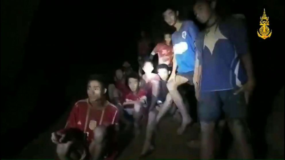 PHOTO: A light illuminates members of the soccer team found alive in a cave in Thailand as rescue workers locate the missing boys and their coach, July 2, 2018 in Khun Nam Nang Non Forest Park, Thailand.