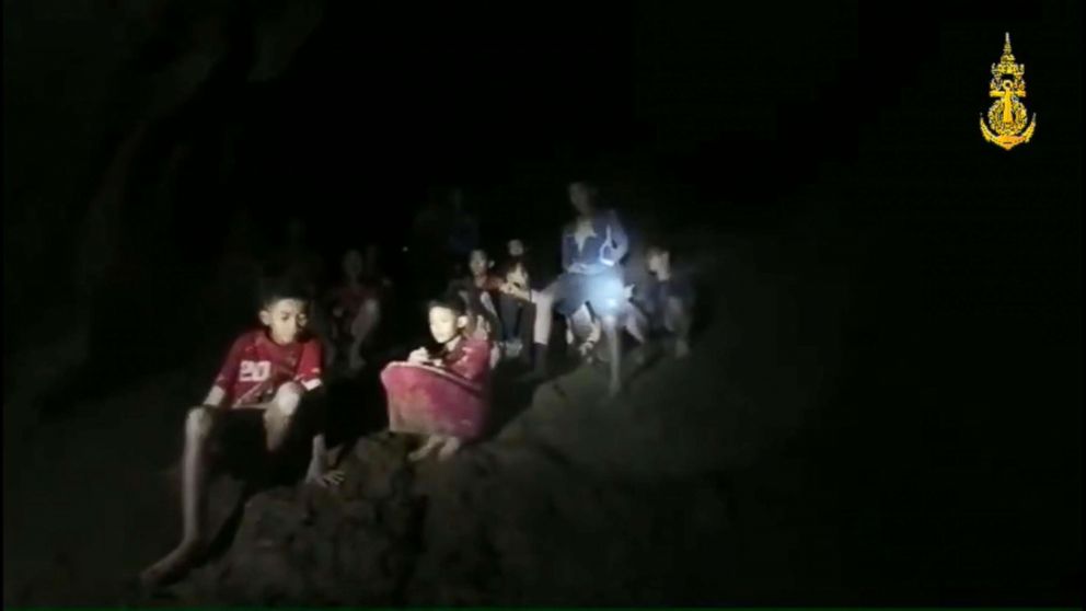 PHOTO: A light illuminates members of the soccer team found alive in a cave in Thailand as rescue workers locate the missing boys and their coach, July 2, 2018 in Khun Nam Nang Non Forest Park, Thailand.