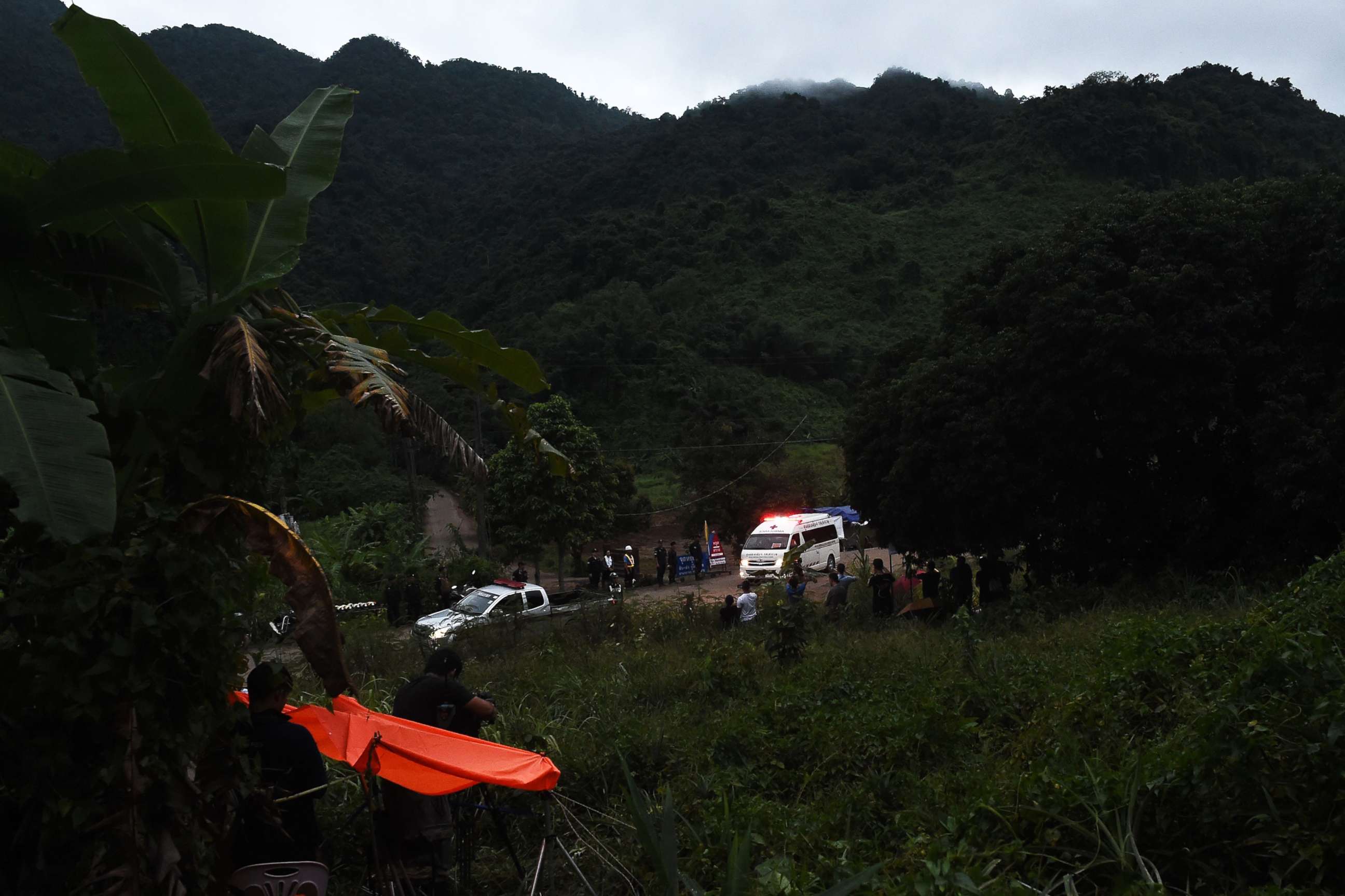 PHOTO: An ambulance leaves the Tham Luang cave area after divers started evacuating the 12 boys and their football team coach trapped in a flooded cave in Khun Nam Nang Non Forest Park in the Mae Sai district of Chiang Rai province on July 8, 2018.