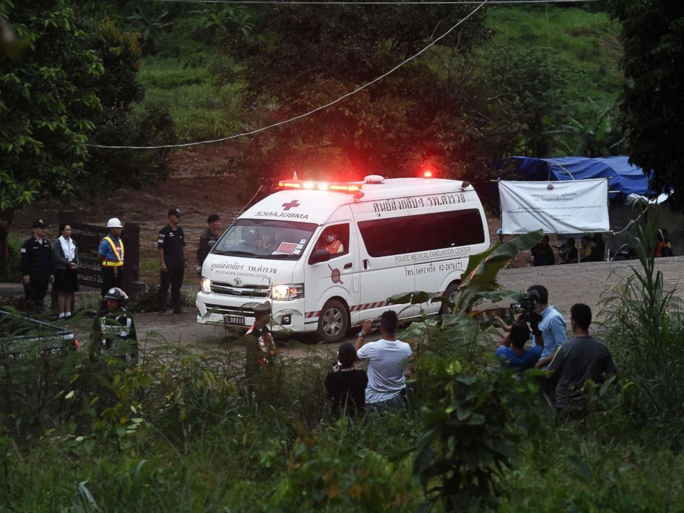   PHOTO: An ambulance leaves the Tham Luang cave area after divers have evacuated some of the 12 boys and their coaches trapped in the cave at Khun Nam Nang Park, in Mae Sai District of Tham Luang. Chiang Rai Province July 8, 2018 Thailand 