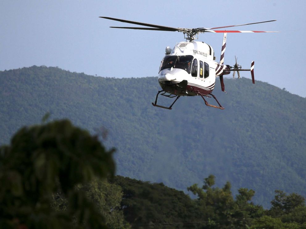 PHOTO: A military helicopter carrying rescued schoolboys approaches to land at a military airport in Chiang Rai, Thailand, July 9, 2018.