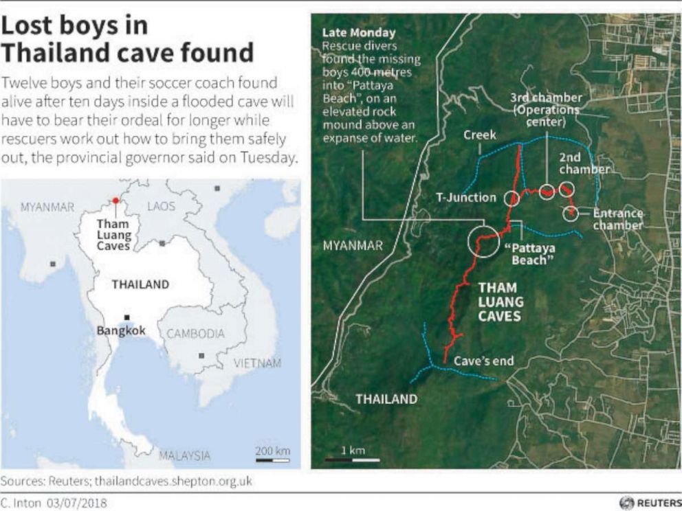 PHOTO: Map shows the location where the missing soccer team and their coach were found.