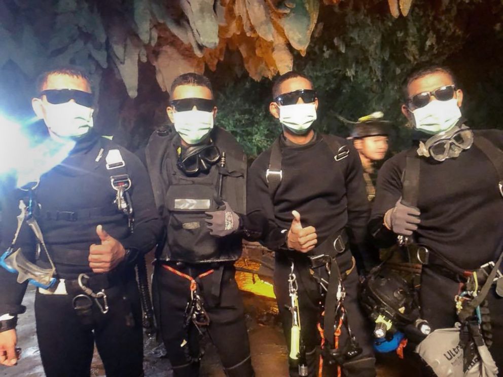 PHOTO: The three Royal Thai Navy SEAL divers and medics who stayed in the cave with the boys and coach since they were located on July 2. Officials said they emerged from the cave "healthy" shortly after the last rescues were made, July 10, 2018.