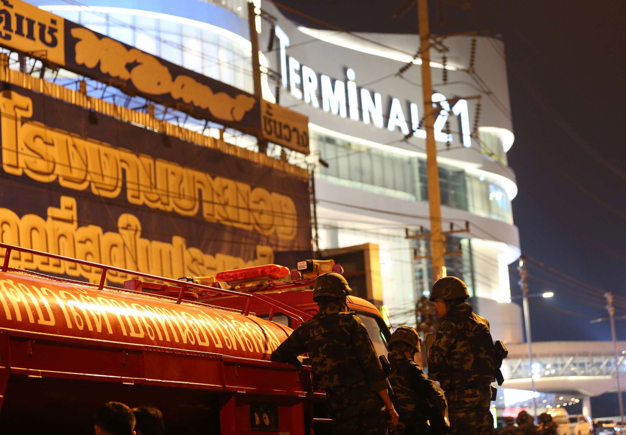 PHOTO: Thai soldiers are seen behind a defensive line outside the Terminal 21 shopping mall, after a suspected Thai soldier opened fire in a rampage in Nakhon Ratchasima province, Thailand, Feb. 8, 2020.