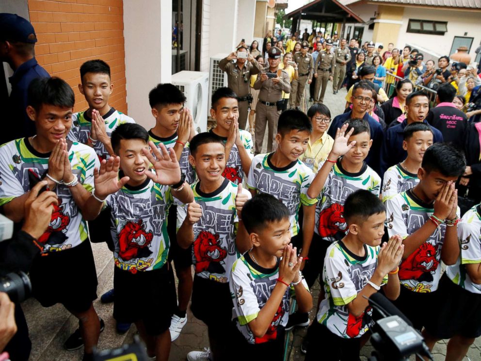 PHOTO: The 12 boys and their soccer coach who were rescued from a flooded cave arrive for a news conference in the northern province of Chiang Rai, Thailand, July 18, 2018.