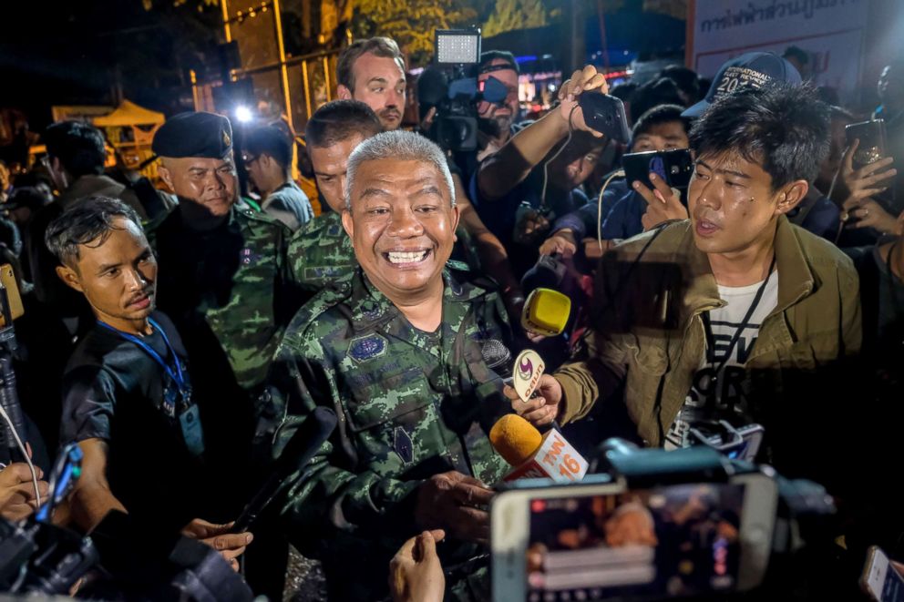 PHOTO: General Bancha Duriyaphan speaks to the press after the 12 boys and their soccer coach have been found alive in the cave where they've been missing for over a week after monsoon rains blocked the main entrance, July 02, 2018, in Thailand.