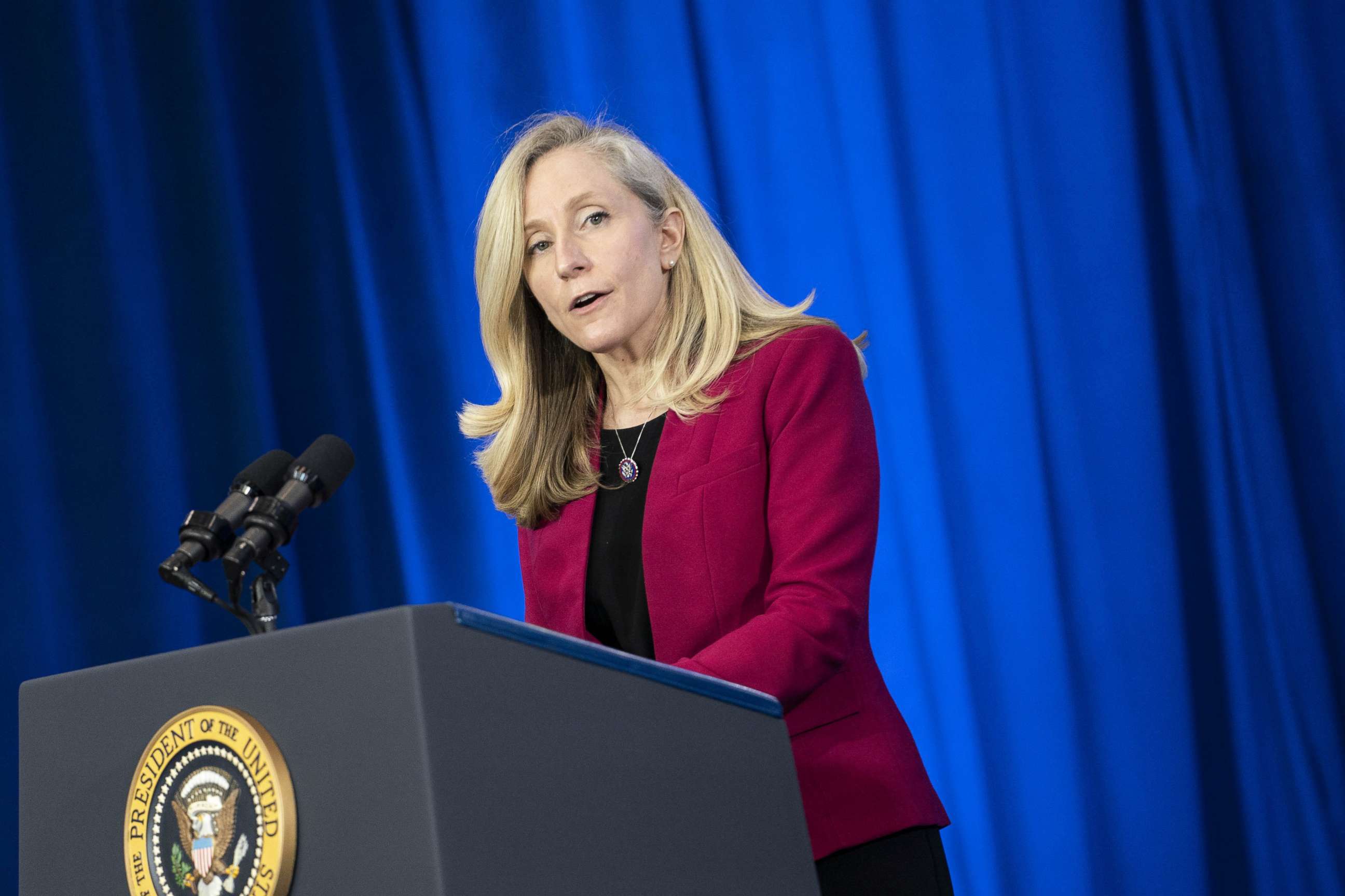 PHOTO: Rep. Abigail Spanberger speaks in Culpeper, Va., Feb. 10, 2022. 