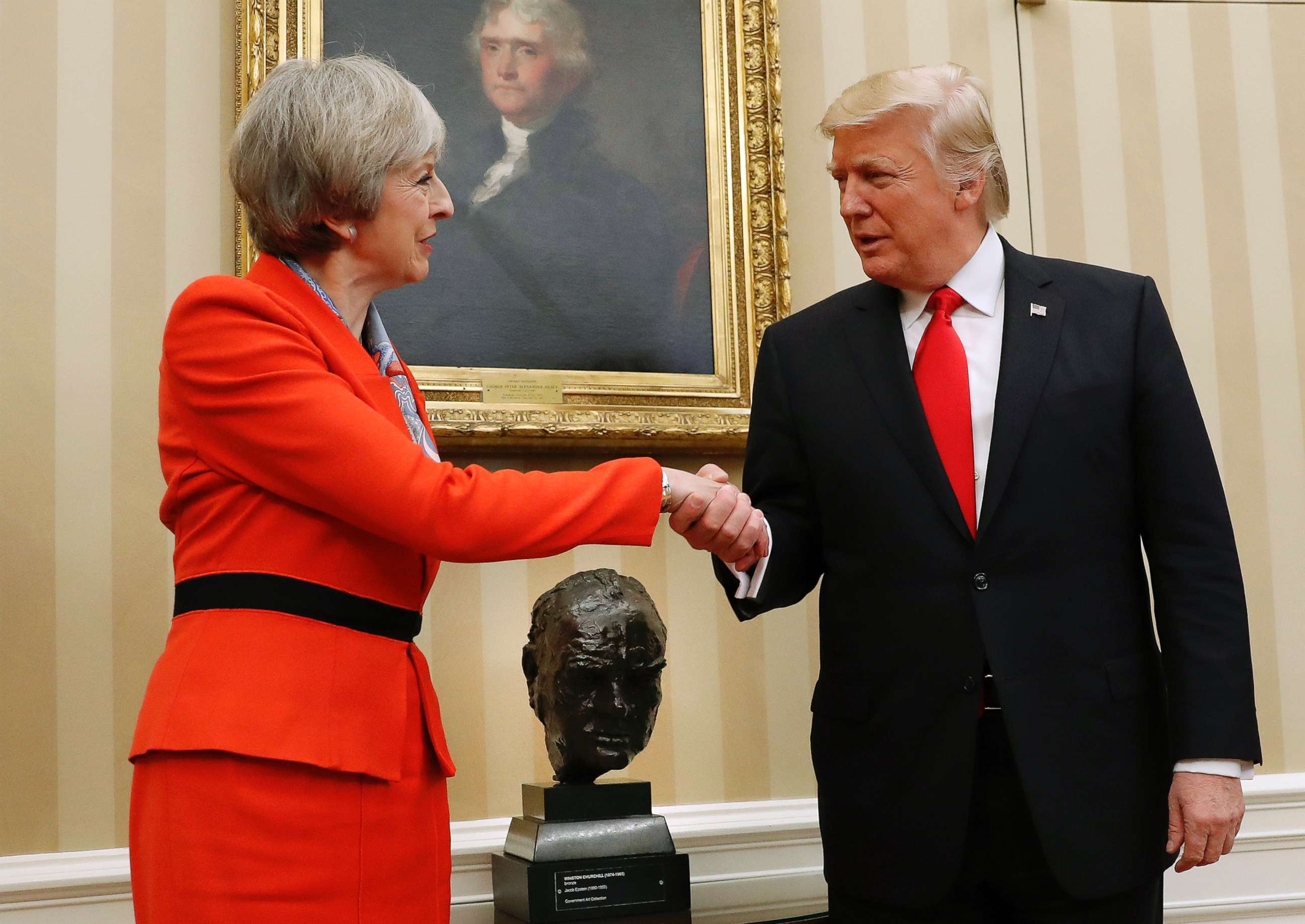 PHOTO: British Prime Minister Theresa May shakes hands with President Donald Trump in the Oval Office of the White House, Jan. 27, 2017.  