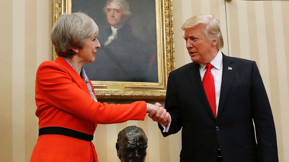 PHOTO: British Prime Minister Theresa May shakes hands with President Donald Trump in the Oval Office of the White House, Jan. 27, 2017.  