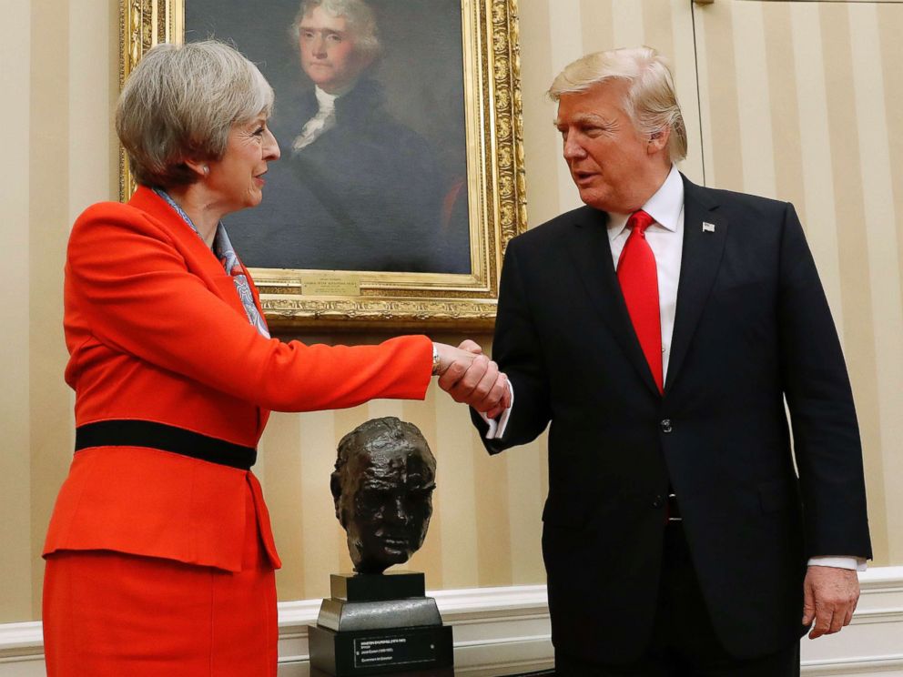 PHOTO: British Prime Minister Theresa May shakes hands with President Donald Trump in the Oval Office of the White House, Jan. 27, 2017.
