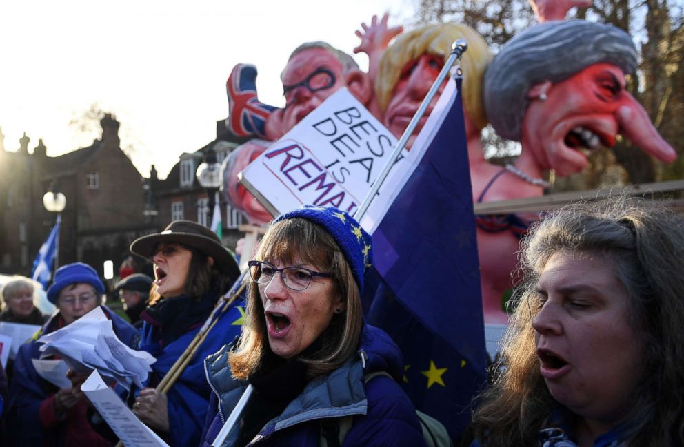PHOTO: Pro EU protesters demonstrate outside the British Houses of Parliament in central London, Dec. 11, 2018 after British Prime Minister Theresa May's decision to postpone the Brexit deal Meaningful Vote.