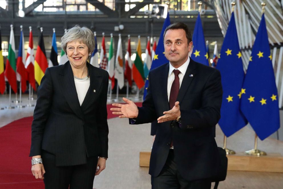 PHOTO: Britain's Prime Minister Theresa May is welcomed by Xavier Bettel, Luxembourg's Prime Minister, at the European Council for the start of the two day EU summit on Dec. 13, 2018 in Brussels.