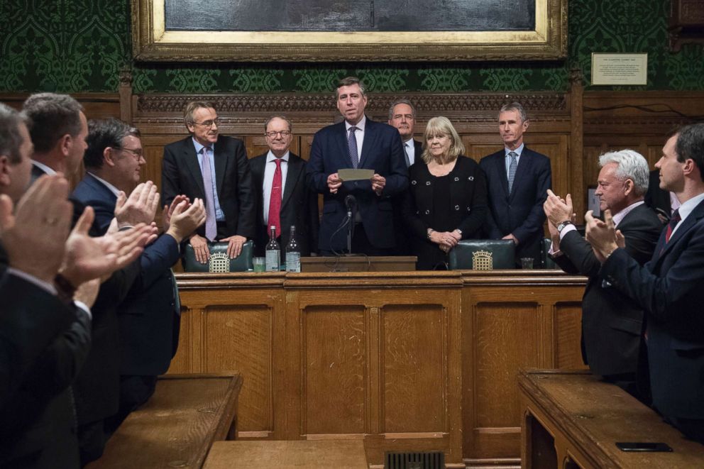 PHOTO: Sir Graham Brady, center, chairman of the 1922 Committee, announces that Theresa May has survived an attempt by Tory MPs to oust her as party leader at the Houses of Parliament in London, Dec. 12, 2018.