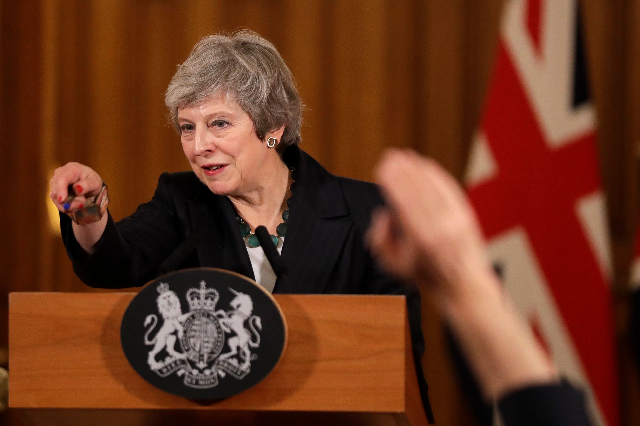 PHOTO: Britain's Prime Minister Theresa May takes questions during a press conference inside 10 Downing Street in London, Thursday, Nov. 15, 2018.