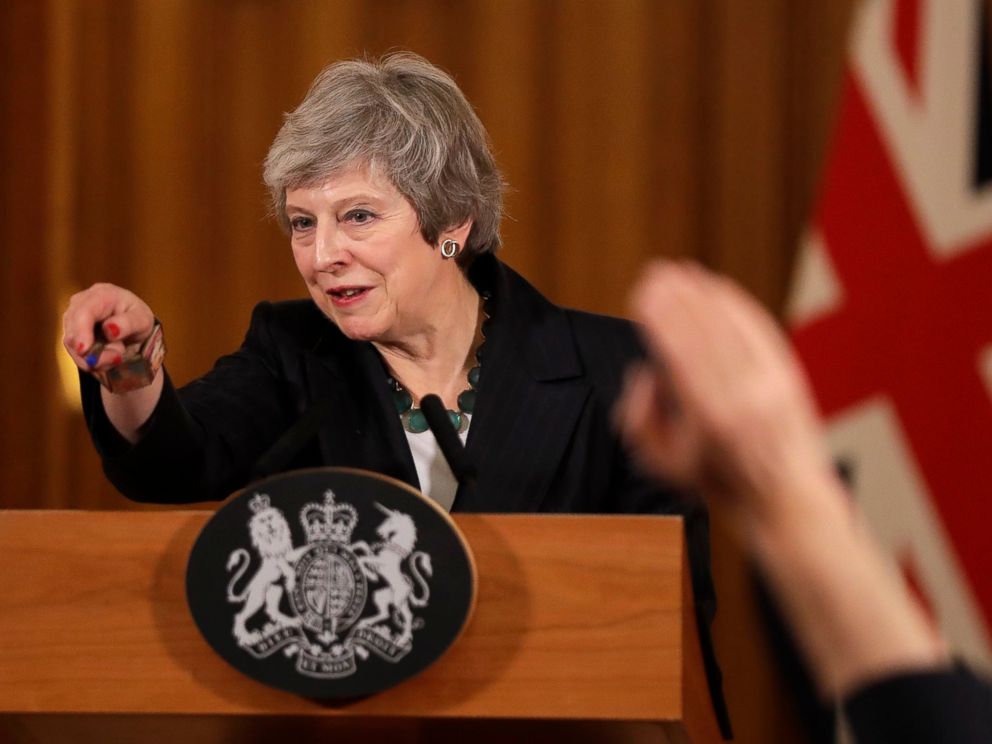 PHOTO: Britains Prime Minister Theresa May takes questions during a press conference inside 10 Downing Street in London, Thursday, Nov. 15, 2018.