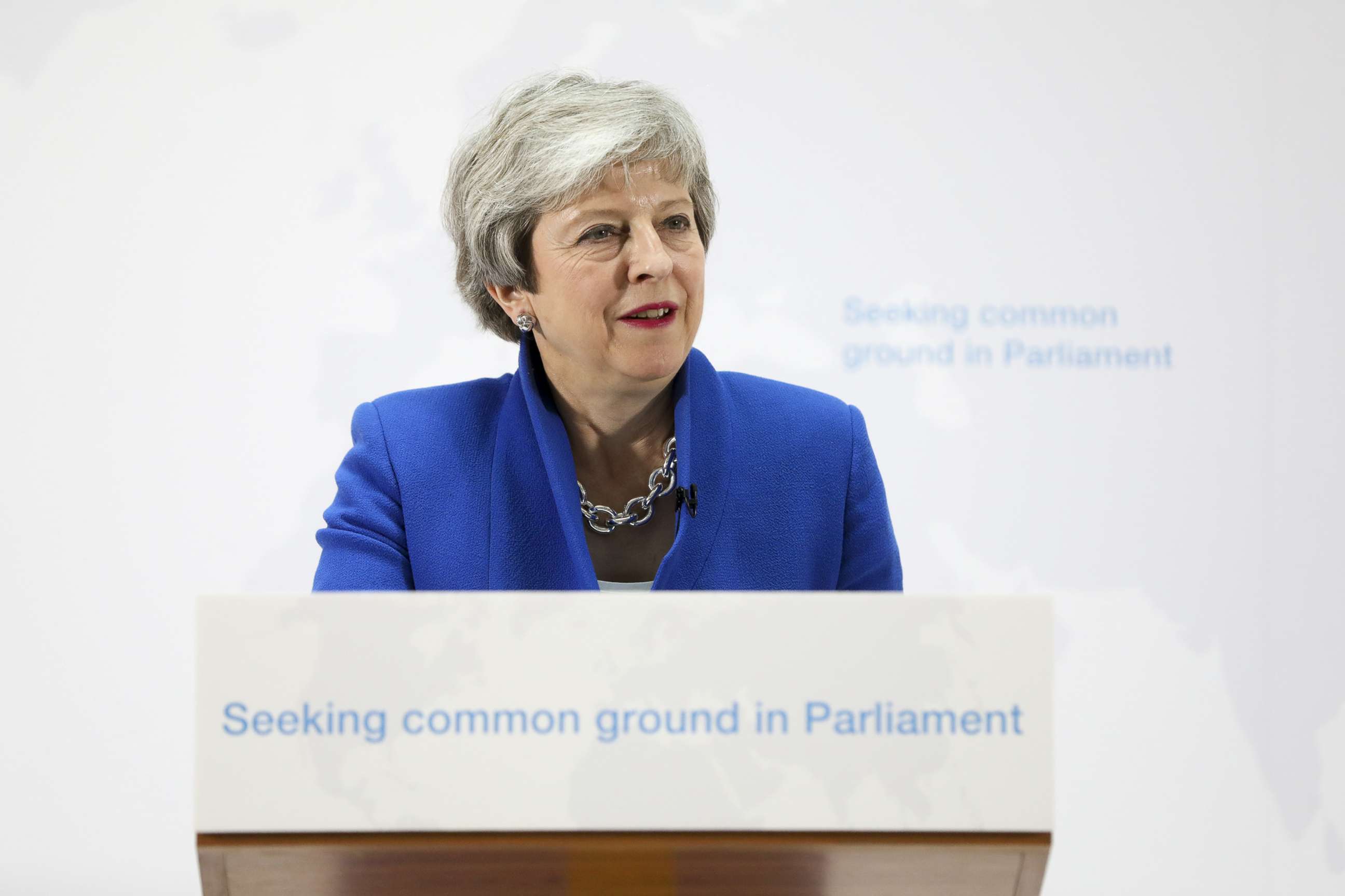 PHOTO: British prime minister Theresa May delivers a speech setting out a new proposal for her Brexit deal in London, May 21, 2019.
