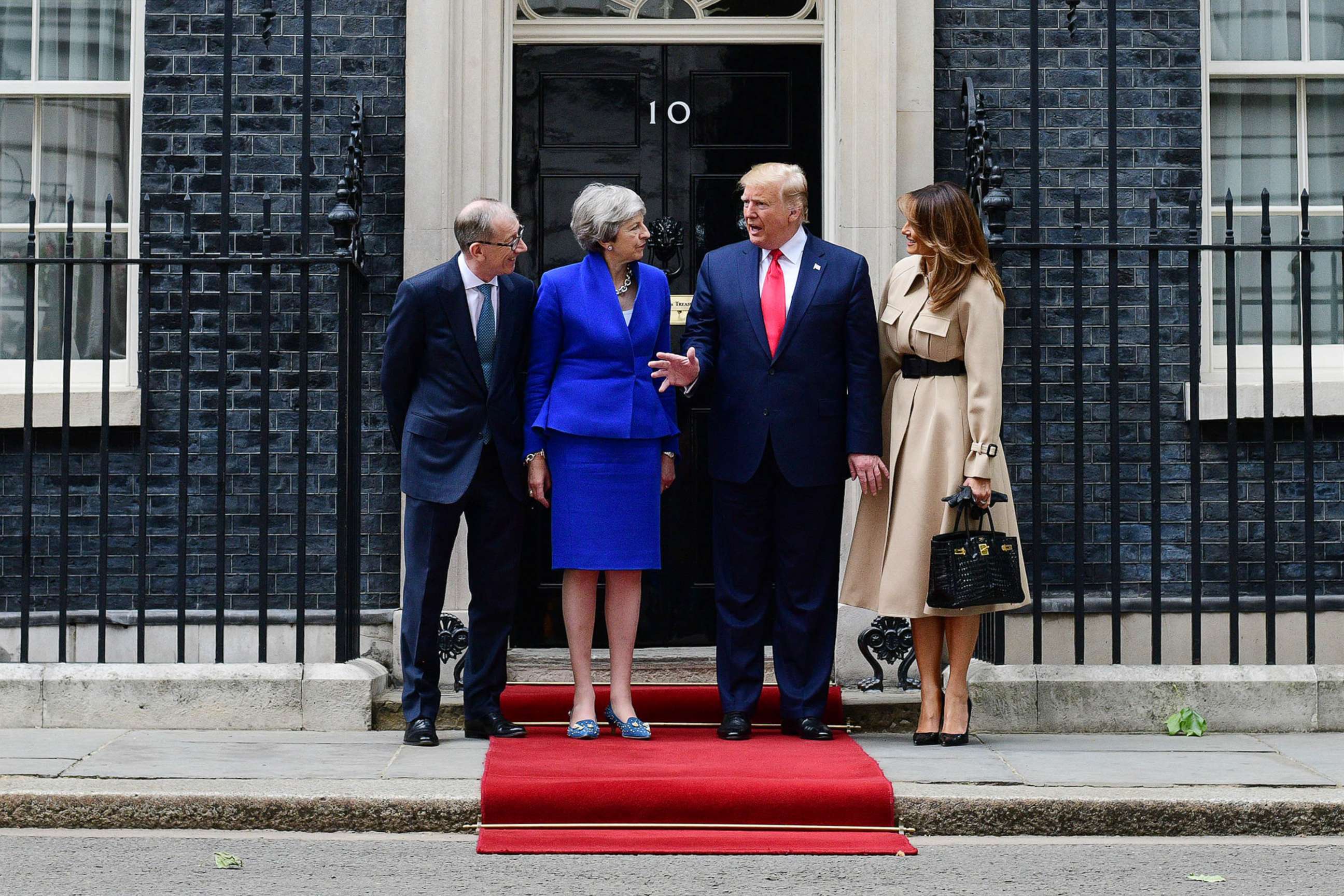 PHOTO: Prime Minister Theresa May and husband Philip May welcome President Donald Trump and first lady Melania Trump to 10 Downing Street, during the second day of his State Visit, June 4, 2019, in London.