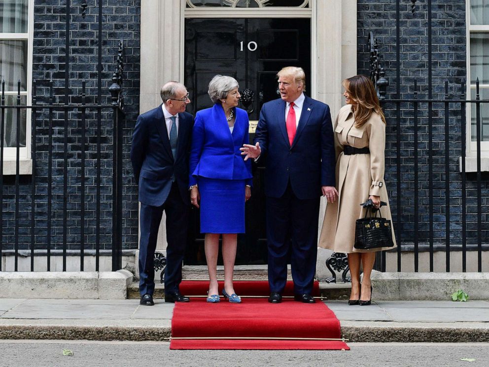 PHOTO: Prime Minister Theresa May and husband Philip May welcome President Donald Trump and first lady Melania Trump to 10 Downing Street, during the second day of his State Visit, June 4, 2019, in London.