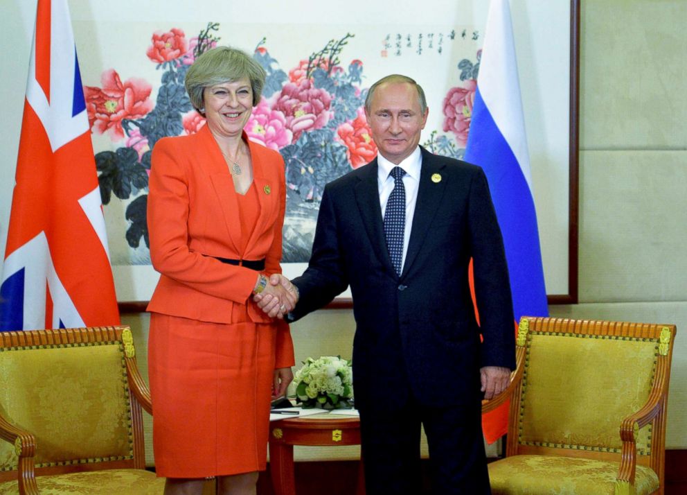 PHOTO: Russian President Vladimir Putin meets with British Prime Minister Theresa May as part of the G20 Summit in Hangzhou, China, Sept. 4, 2016.