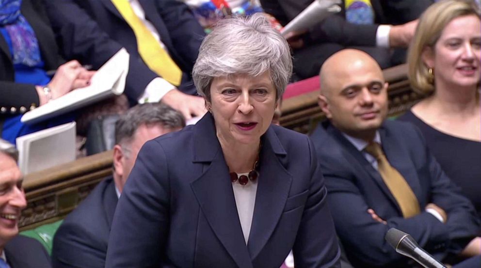 PHOTO: Britain's Prime Minister Theresa May answers questions to Parliament in London, March 27, 2019, in this screen grab taken from video. 