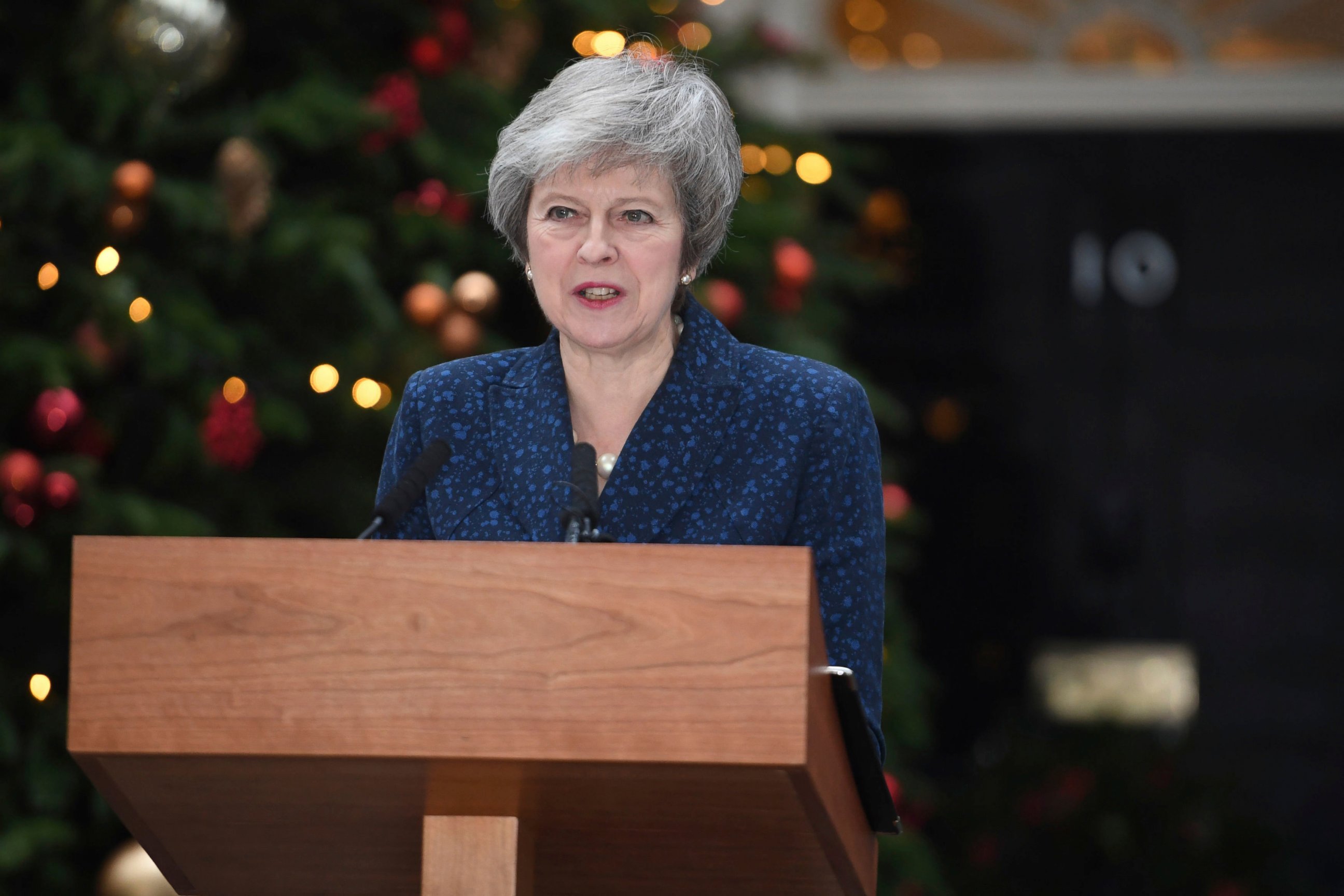 PHOTO: Britain's Prime Minister Theresa May makes a media statement in Downing Street, London, confirming there will be a vote of confidence in her leadership of the Conservative Party, Wednesday Dec. 12, 2018.