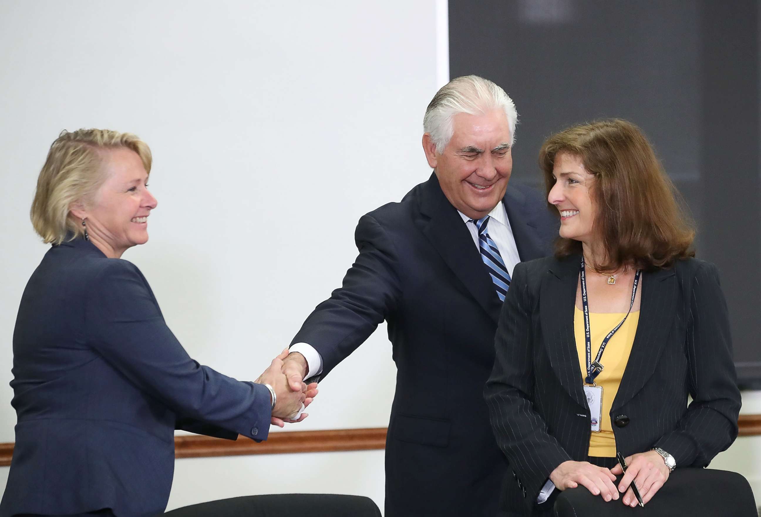 PHOTO: Secretary of State Rex Tillerson shakes hands with Susan Thornton (L), Principal Deputy Assistant Secretary during a meeting of the U.S.-Japan Security Consultative Committee at the State Department, Aug. 17, 2017, in Washington, D.C.  