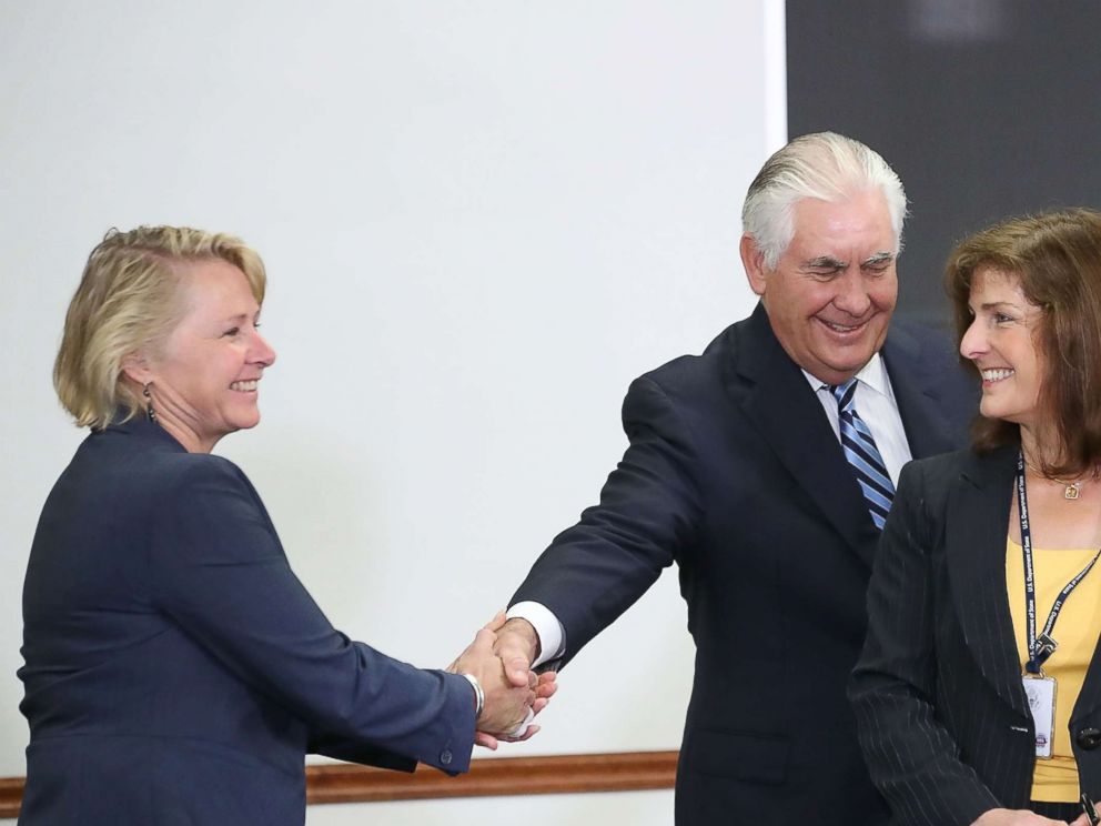 PHOTO: Secretary of State Rex Tillerson shakes hands with Susan Thornton (L), Principal Deputy Assistant Secretary during a meeting of the U.S.-Japan Security Consultative Committee at the State Department, Aug. 17, 2017, in Washington, D.C.