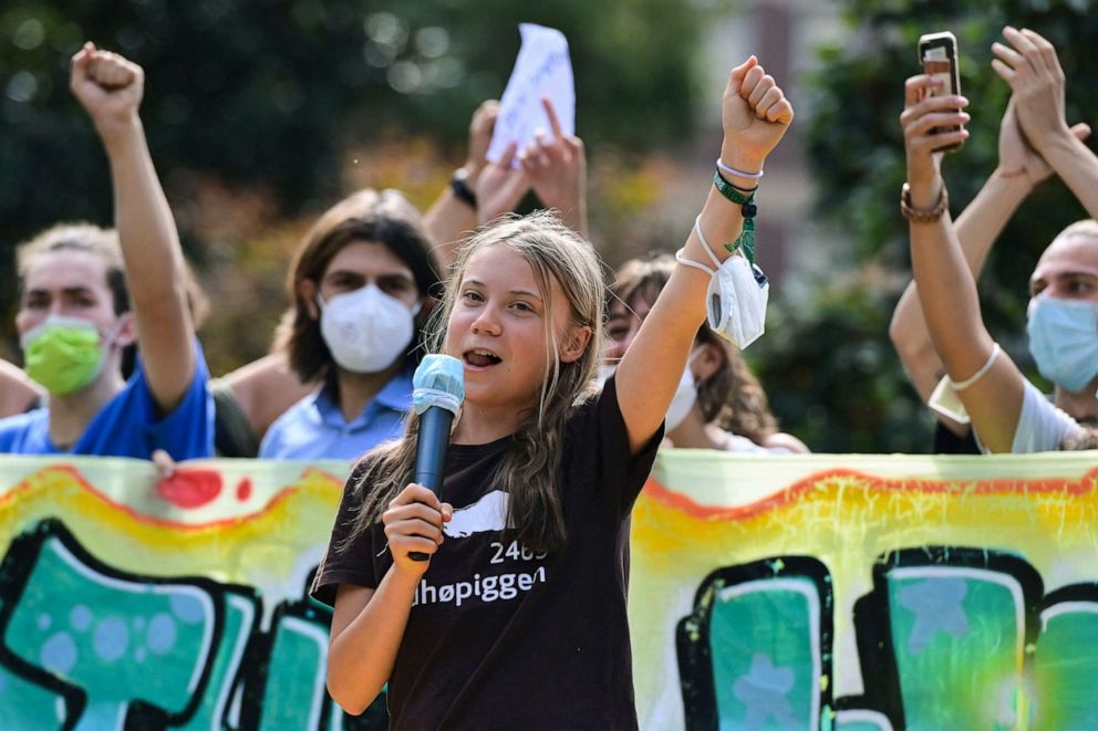 PHOTO: Swedish climate activist Greta Thunberg speaks during a Fridays for Future students' strike, Oct. 1, 2021, on the sidelines of the Youth4Climate and Pre-COP26 events in Milan.