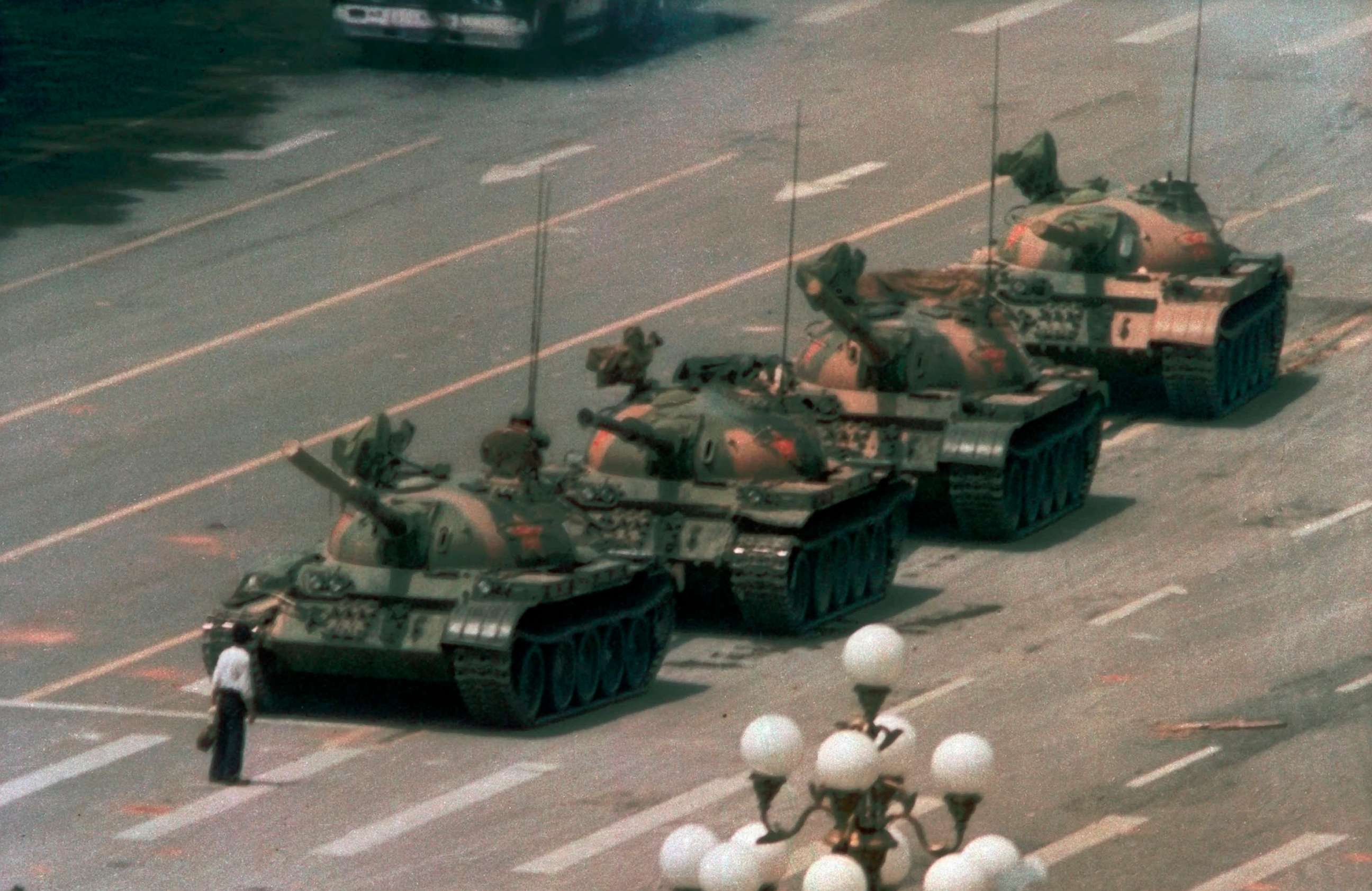 PHOTO: A man stands alone to block a line of tanks heading east on Beijing's Changan Blvd. in Tiananmen Square, June 5, 1989.