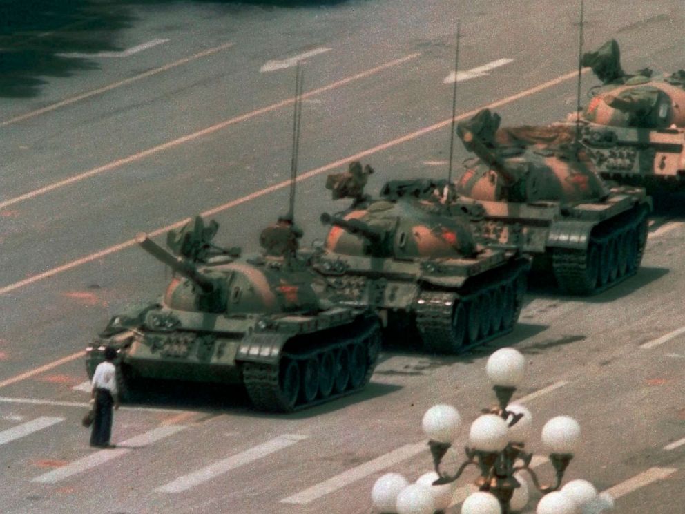 PHOTO: A man stands alone to block a line of tanks heading east on Beijings Changan Blvd. in Tiananmen Square, June 5, 1989.