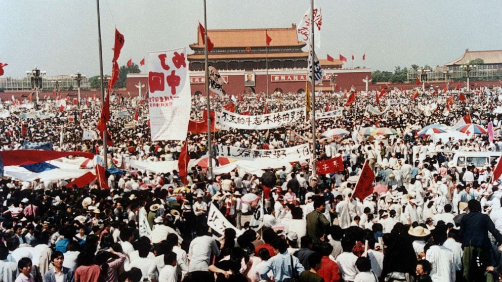 Tiananmen Square is filled with thousands during a pro-democracy rally, in Beijing, China, May 17, 1989.