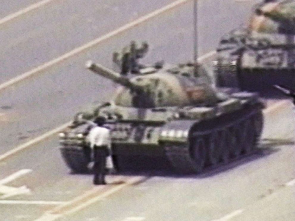 PHOTO: A lone demonstrator stands down a column of tanks, June 5, 1989, at the entrance to Tiananmen Square in Beijing.