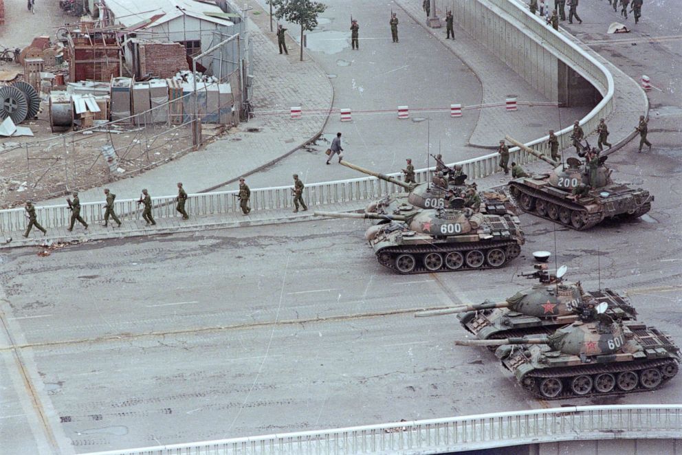 PHOTO: Tanks sit in a street in Beijing two days after the suppression of the pro-democracy protests in Tiananmen Square.